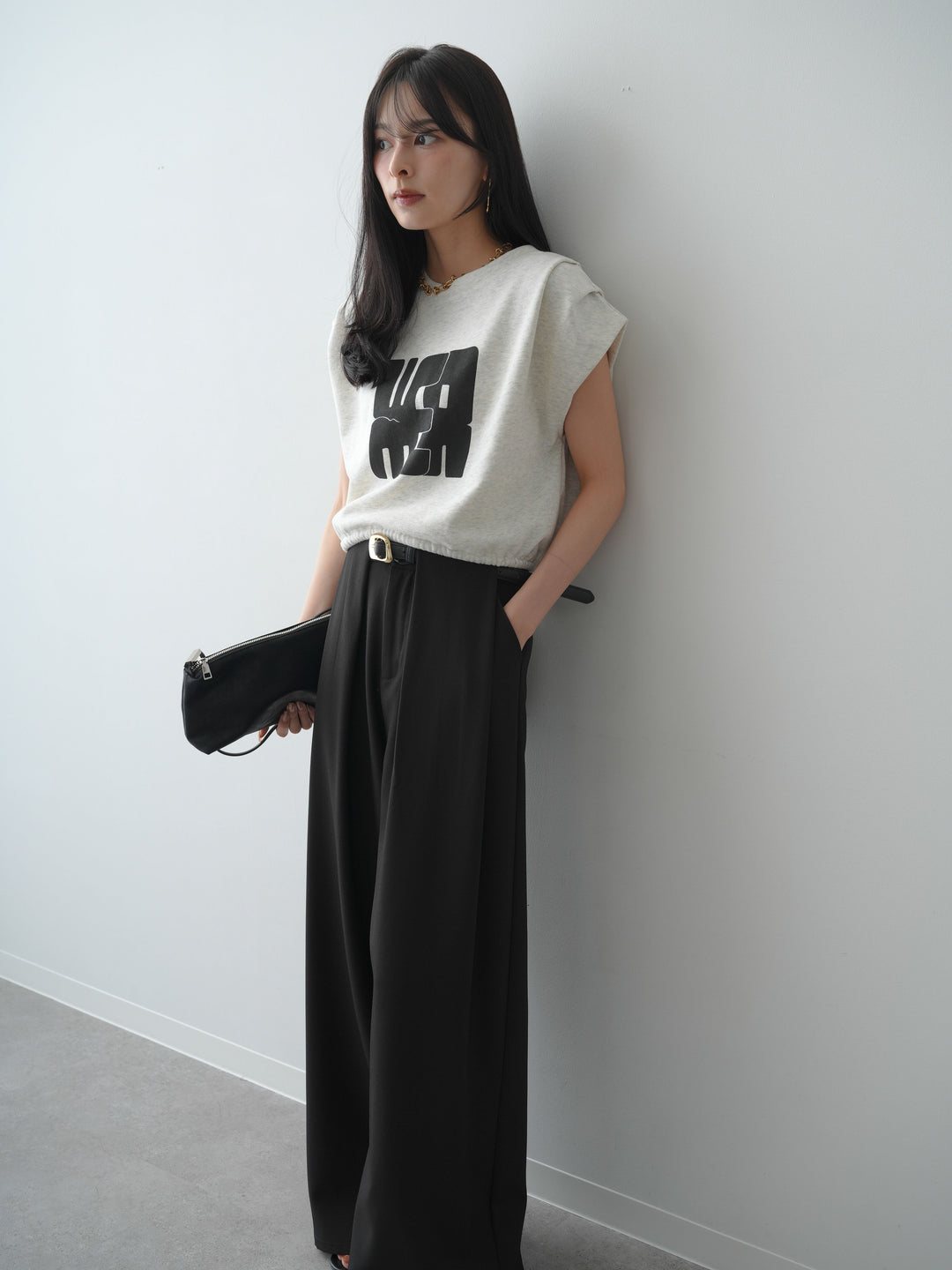 【套裝】雙褶法式衛衣上衣+皮帶環設計闊腿褲（兩件套）