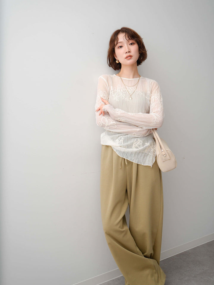 [予約]コード刺繍シアーロングスリーブトップス/ivory