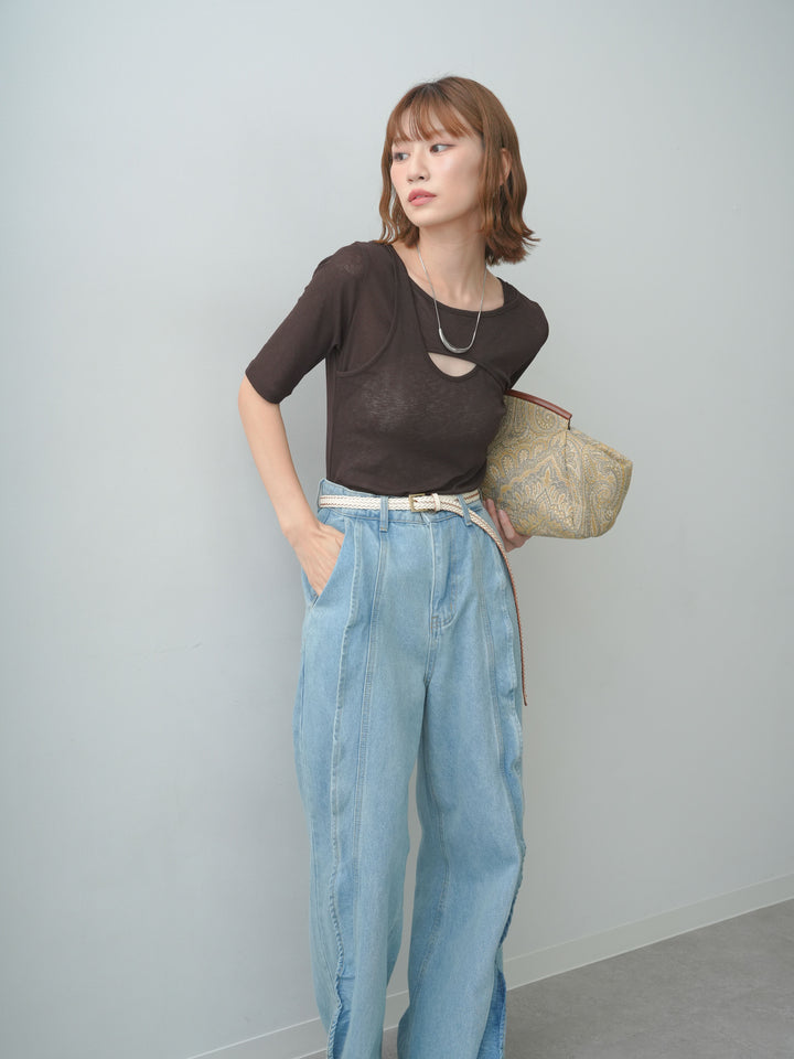 [SET]前後2wayシアーアシメレイヤード風TEE+フリルラインワイドデニム(2set)