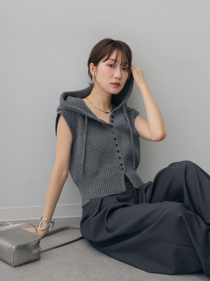 [SET]アルパカタッチフードリブニットベスト+ツイルタックワイドパンツ(2set)