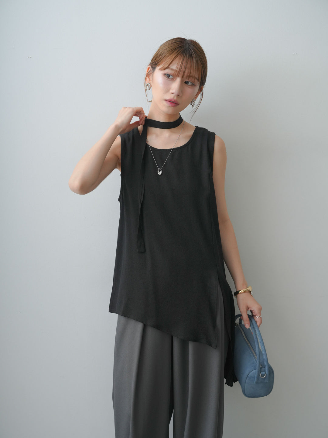 [SET]タイ付アシメヘムノースリトップス+ベルトループデザインワイドパンツ(2set)