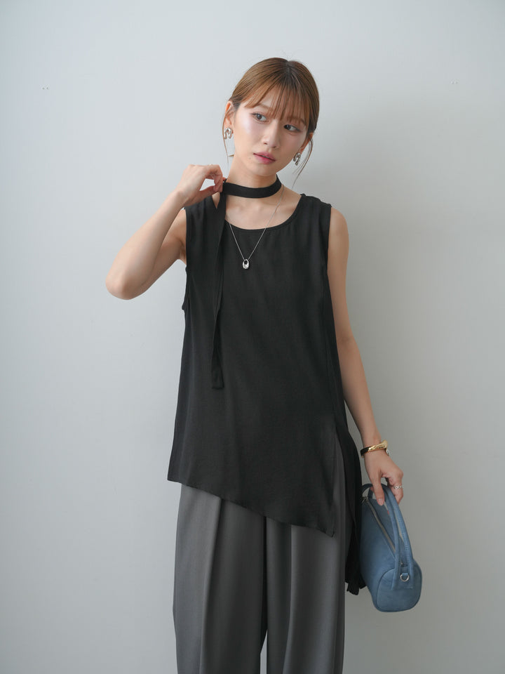 [SET]タイ付アシメヘムノースリトップス+ベルトループデザインワイドパンツ(2set)