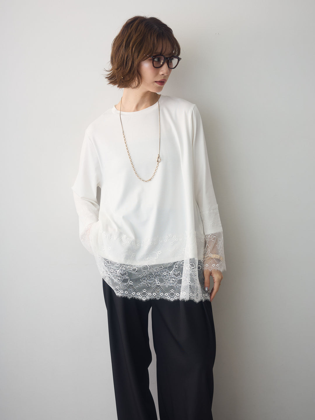 [SET]レーストリムロングTシャツ+レーストリムロングTシャツ(2set)