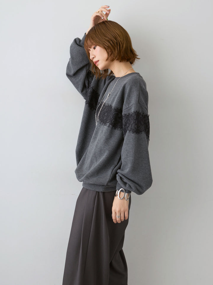 [SET]裏毛レースドッキングプルオーバー+ツイルタックワイドパンツ(2set)