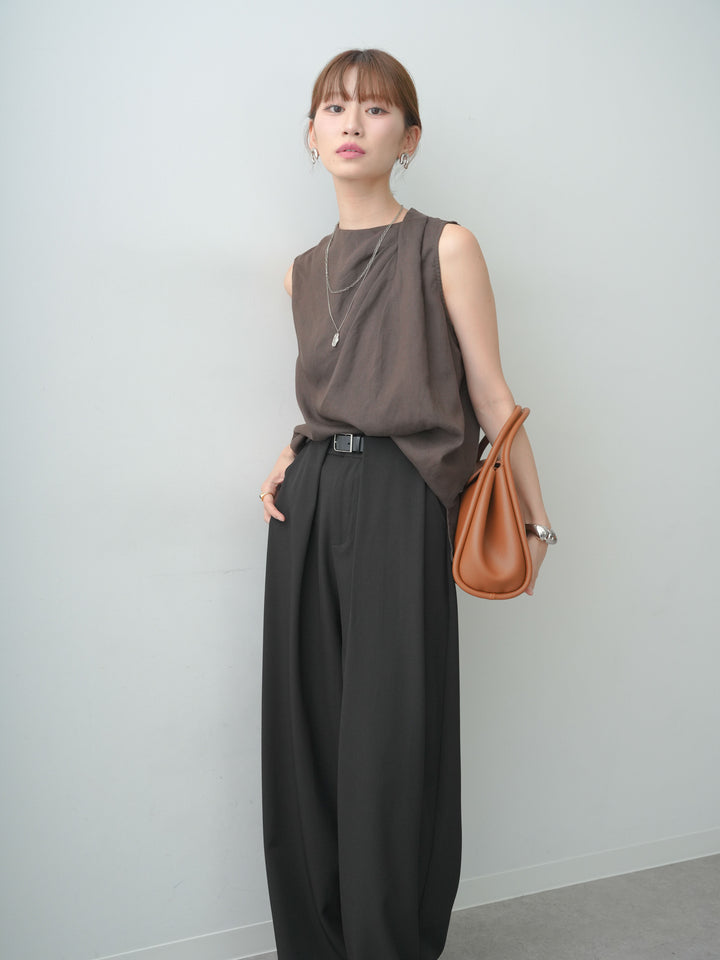 [予約]リネンライクサイドショルダーギャザーノースリトップス/brown