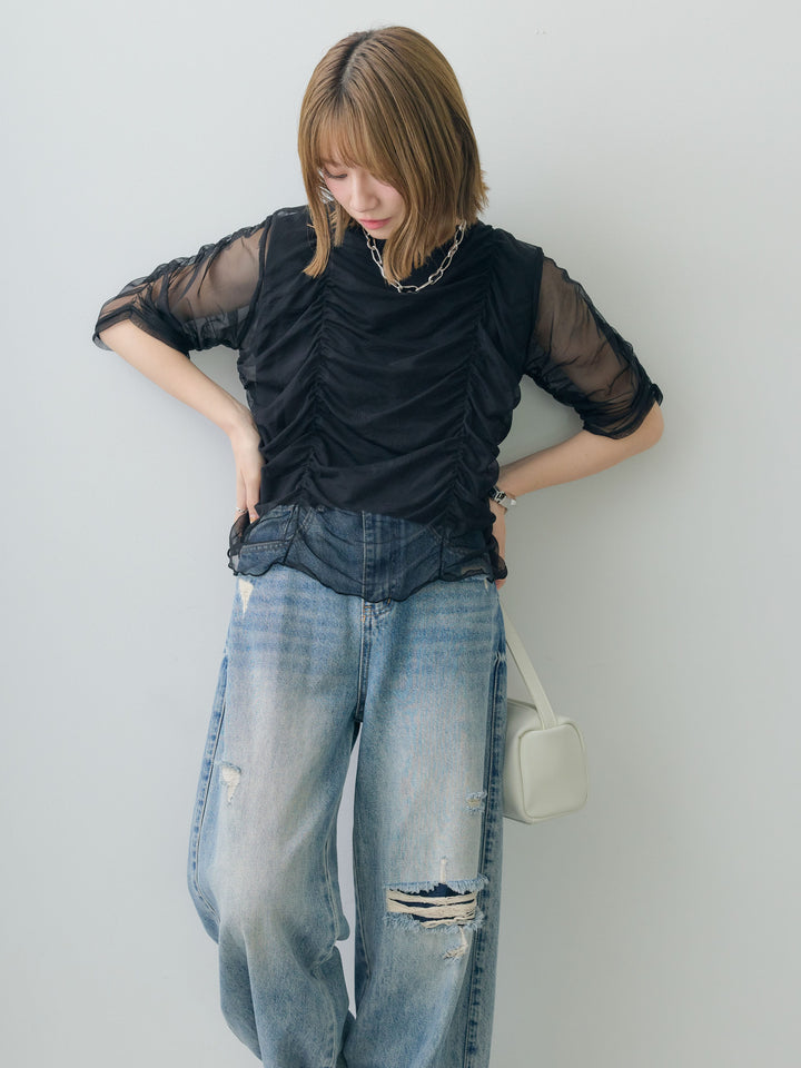 [SET]シアーレイヤードギャザー半袖トップス+ダメージデニムセミワイドパンツ(2set)