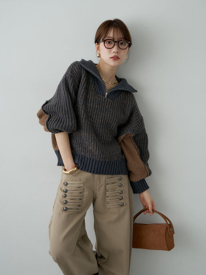 [予約]バイカラーハーフジップリブニットトップス/navy