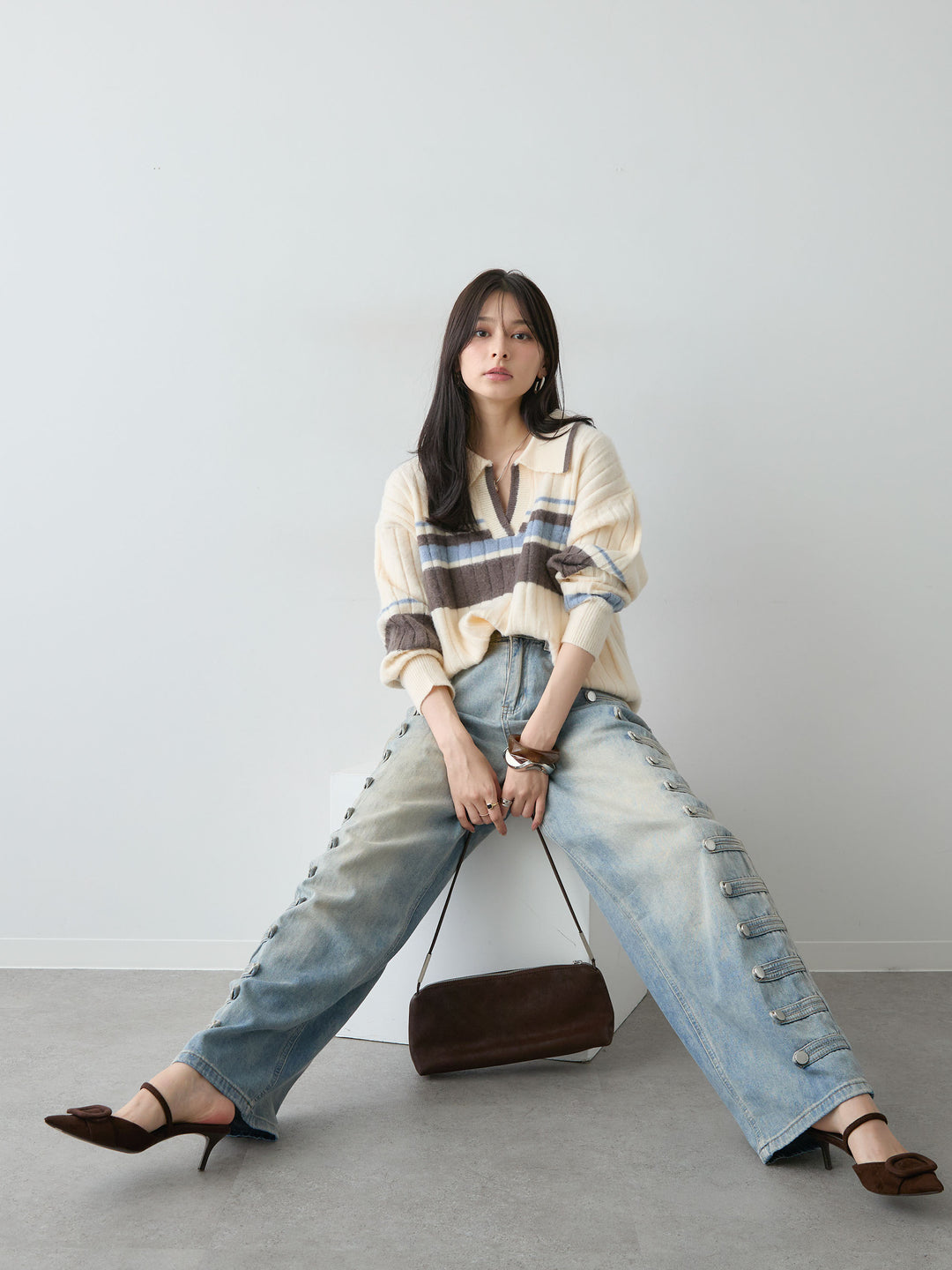 [予約]マルチボーダー起毛スキッパーニットトップス/ivory