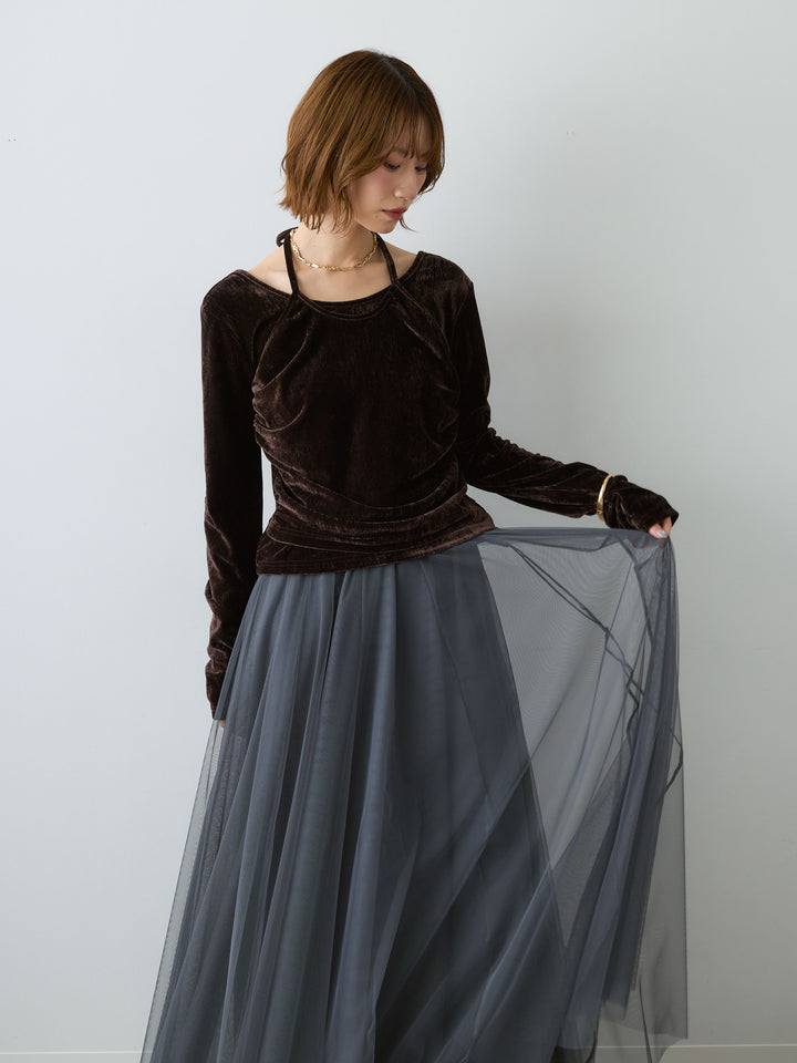 [予約]ベロアレイヤードデザイントップス/brown