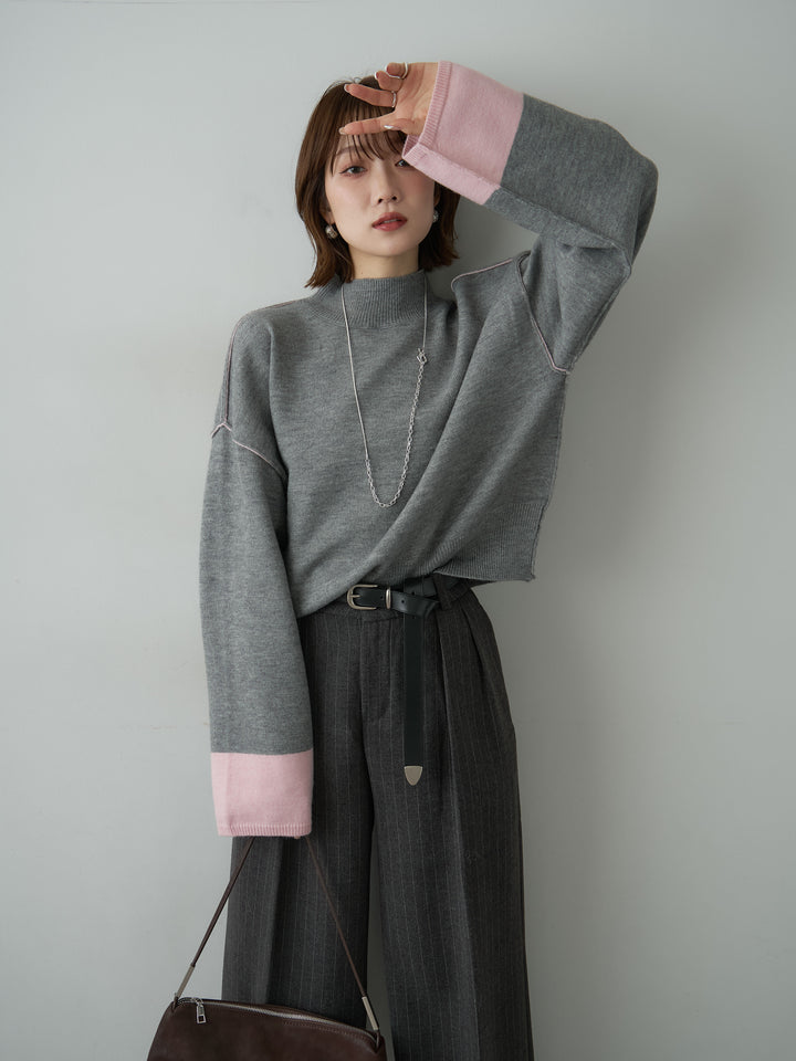 [予約]バイカラートリムワイドハイネックニットトップス/mokugray