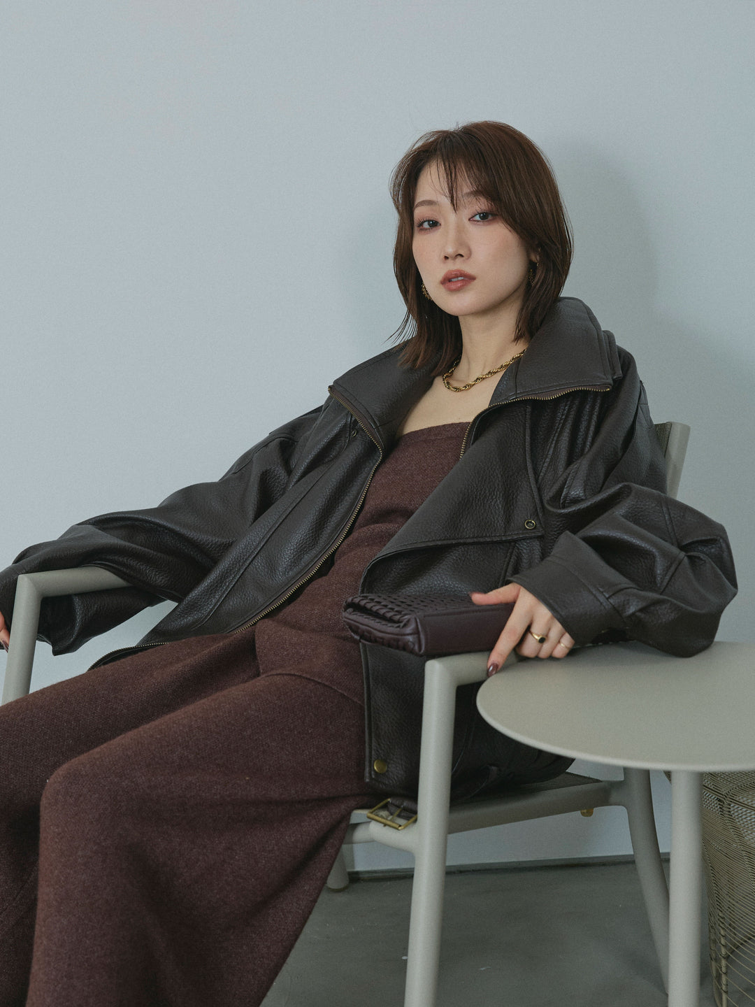 [予約]スタンドカラーレザーブルゾン/brown