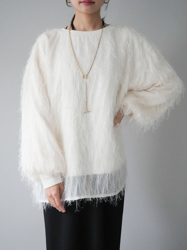 【預購】流蘇薄紗多層抓絨套頭衫/象牙色