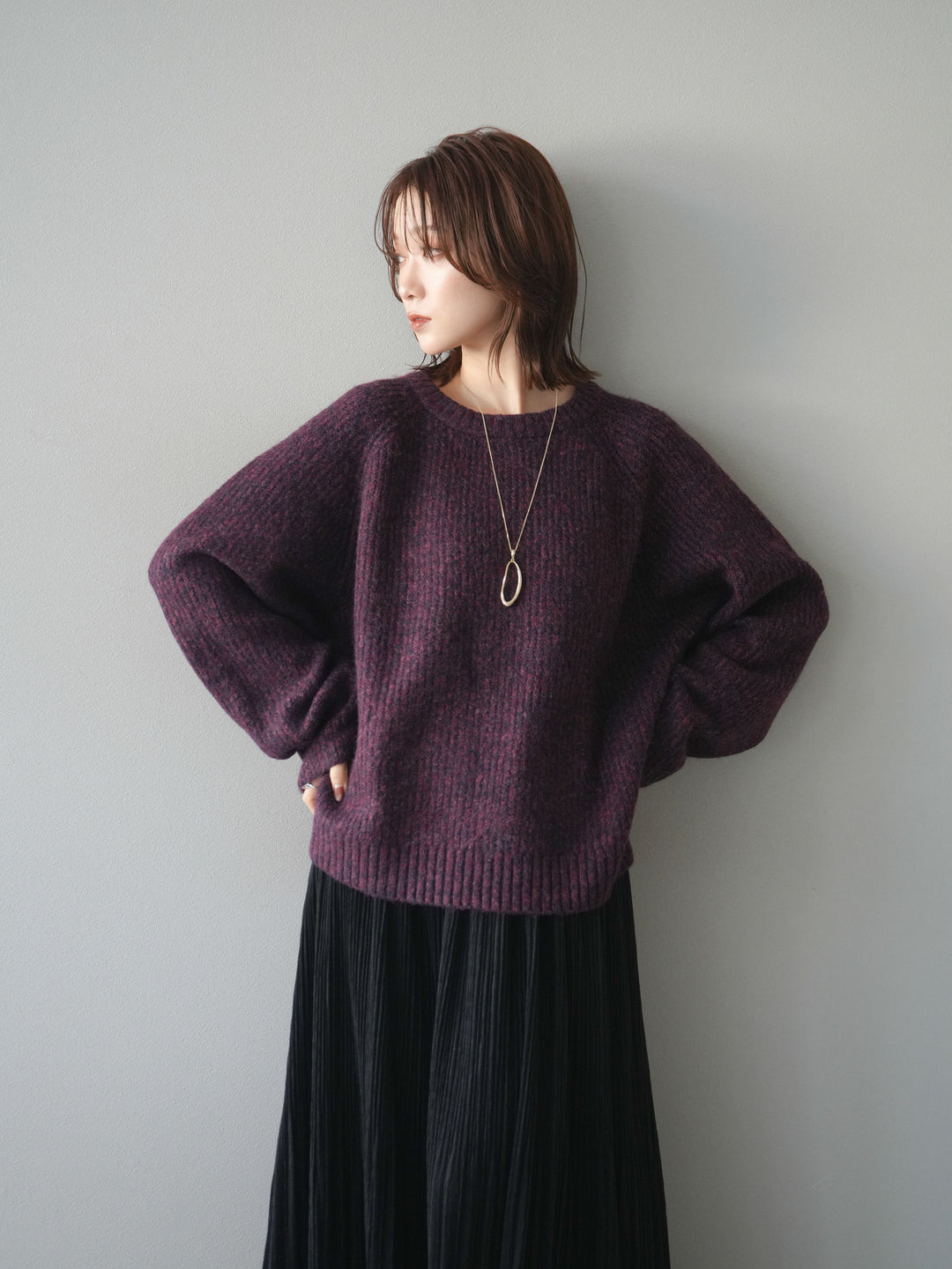 [予約]クルーネック畦編みミックスニット/bordeaux