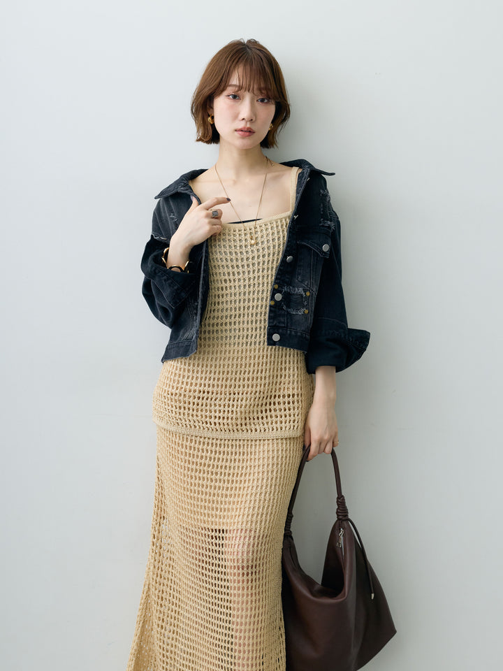 [SET]メッシュクロシェニットキャミ＆メッシュIラインスカートSET UP(2SET)