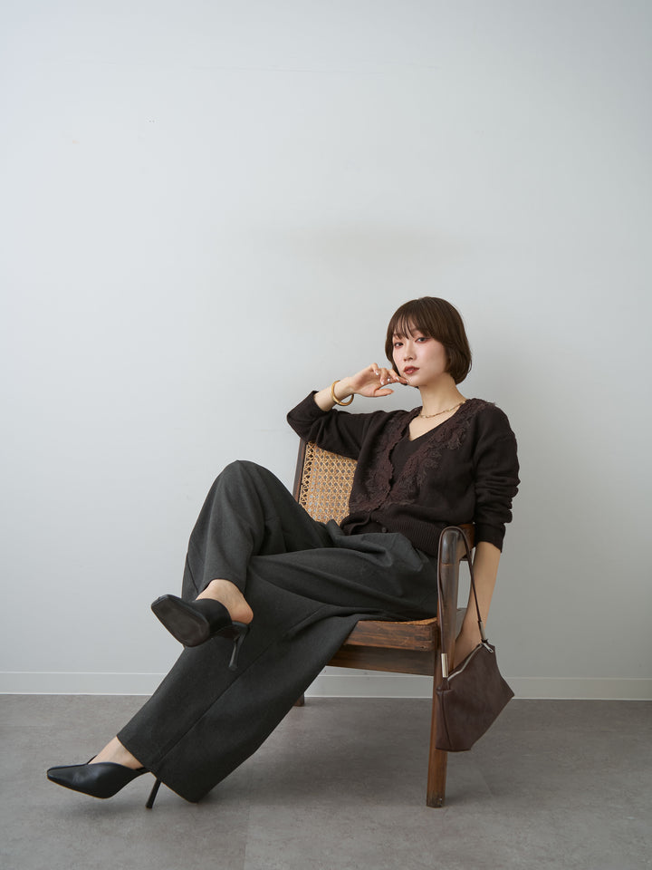 [SET]フロントカーディガンデザインレイヤードニットトップス+ダブルタックドレープストレートワイドパンツ(2set)
