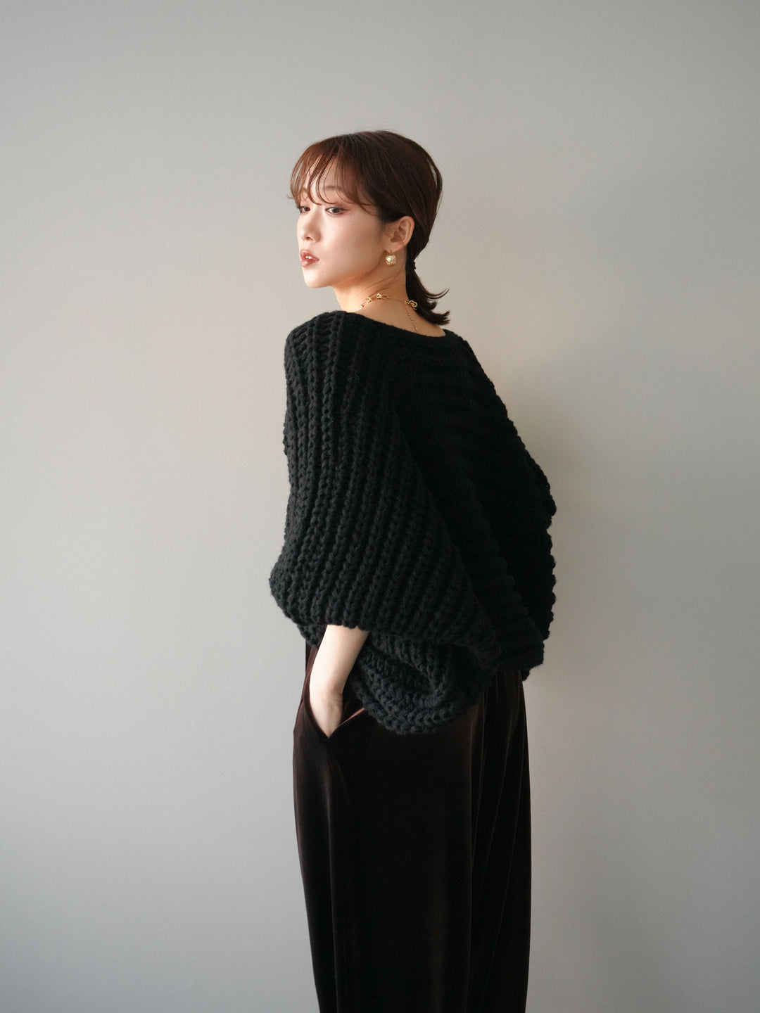 [SET]ローゲージ畦編みドルマンニットボレロ+ベロアベルトスリムパンツ(2set)