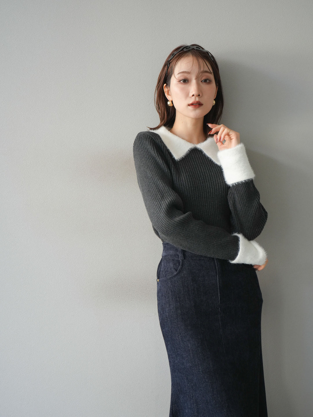 [SET]シャギー襟リブニットトップス+ベルベットマーメイドスカート(2set)