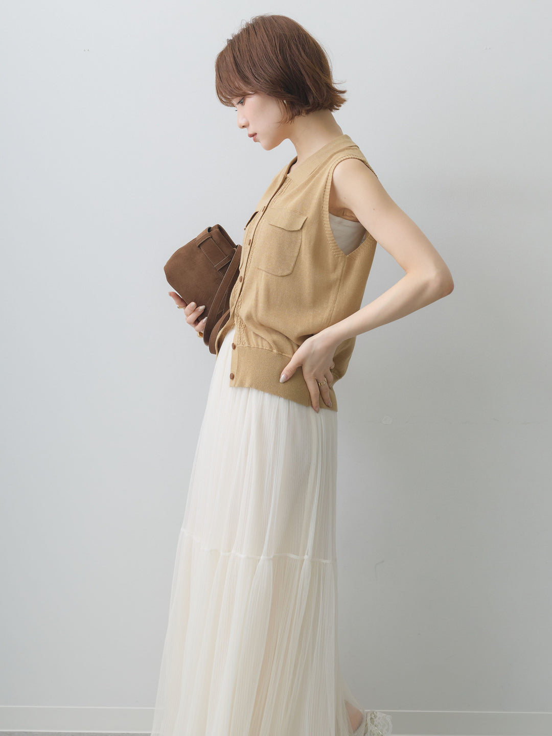 [予約]ダブルポケットポロニットトップス/beige