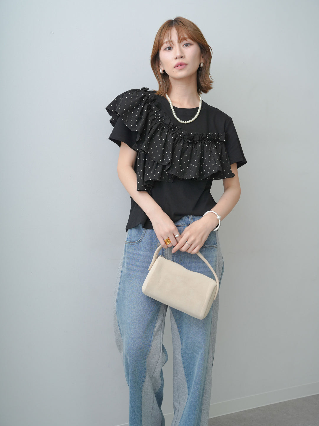 [SET]ドットギャザーフリルデザインTEE+デニム切替スウェットパンツ(2set)