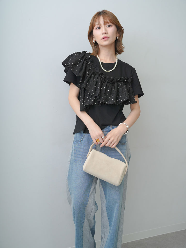 [SET]ドットギャザーフリルデザインTEE+デニム切替スウェットパンツ(2set)