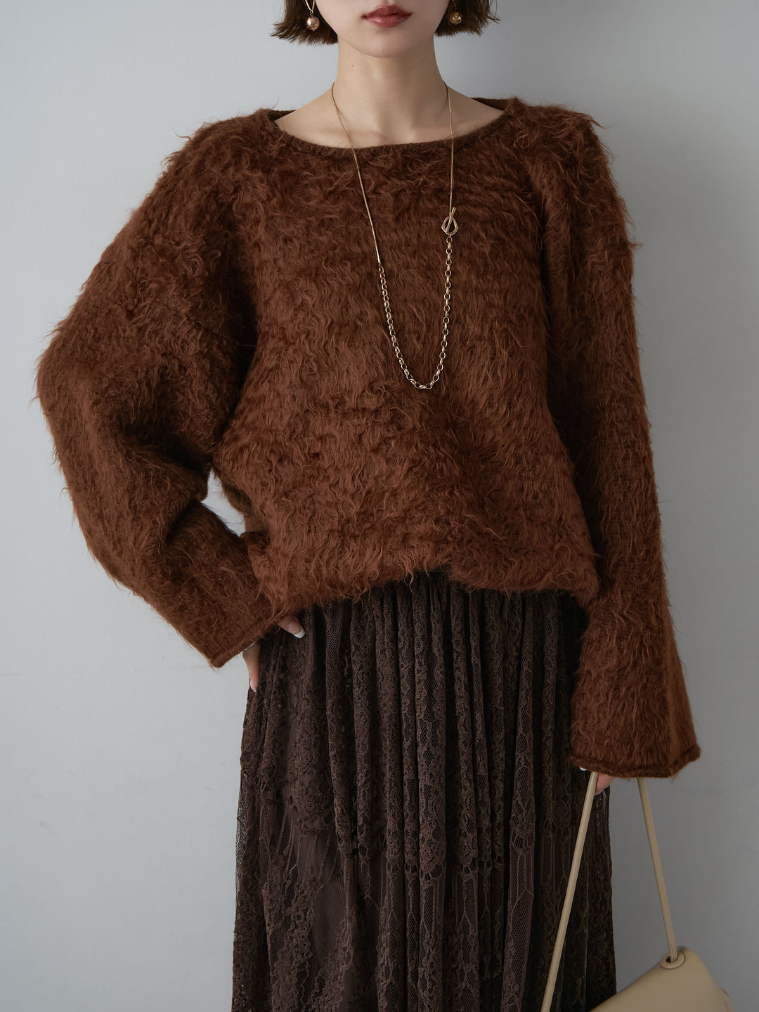 [予約]ボートネックシャギーオーバーニットトップス/brown