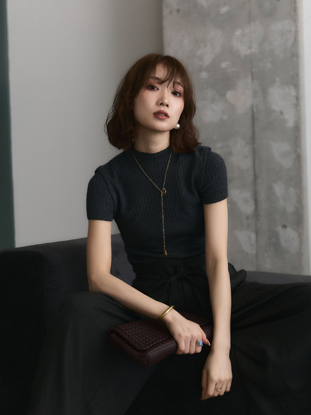 【Allure】[SET]デザインリブハーフニットトップス+デザインリブハーフニットトップス(2set)