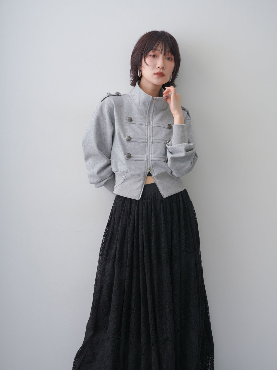 [SET]ナポレオンスウェットブルゾン+カップ付テレコリブベアキャミソール+ベロアレースドレープフレアスカート(3set)