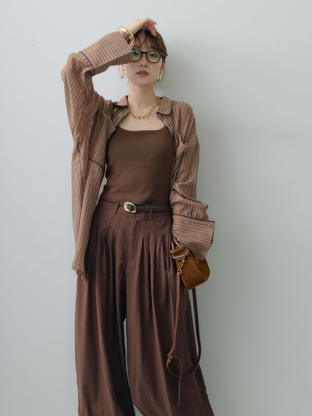 [予約]バイカラートリムオーバーストライプシャツ/brown