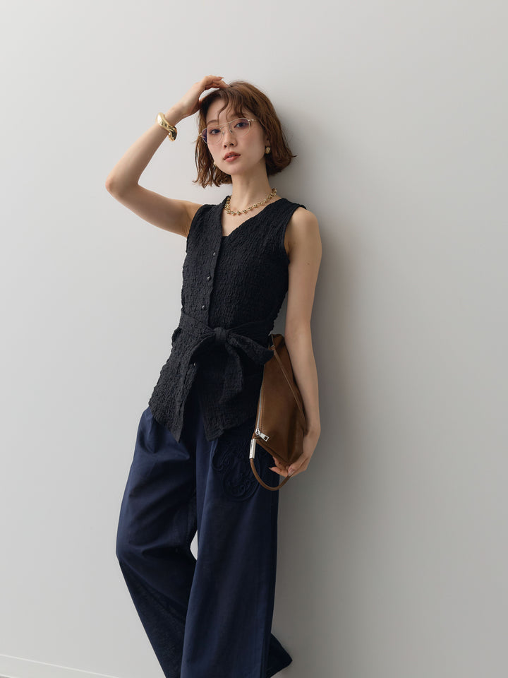 [予約]シャーリングウエストリボンVネックトップス/black