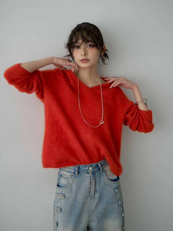 [予約]カシミア混フェザータッチVネックニットトップス/orange