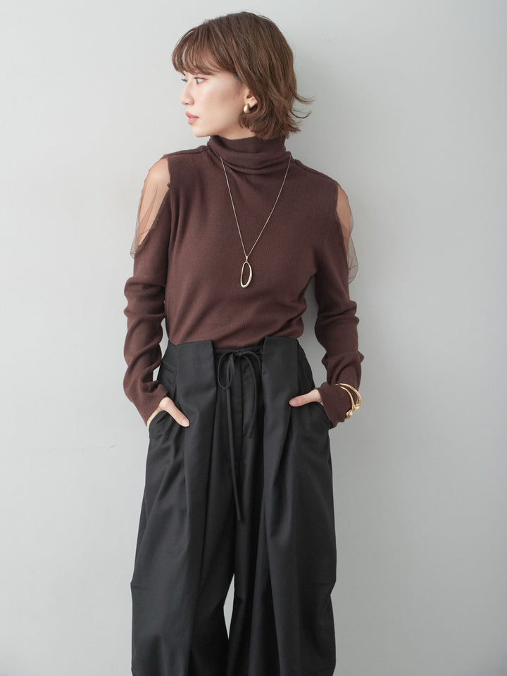 [予約]ショルダーチュールハイネックニットトップス/brown