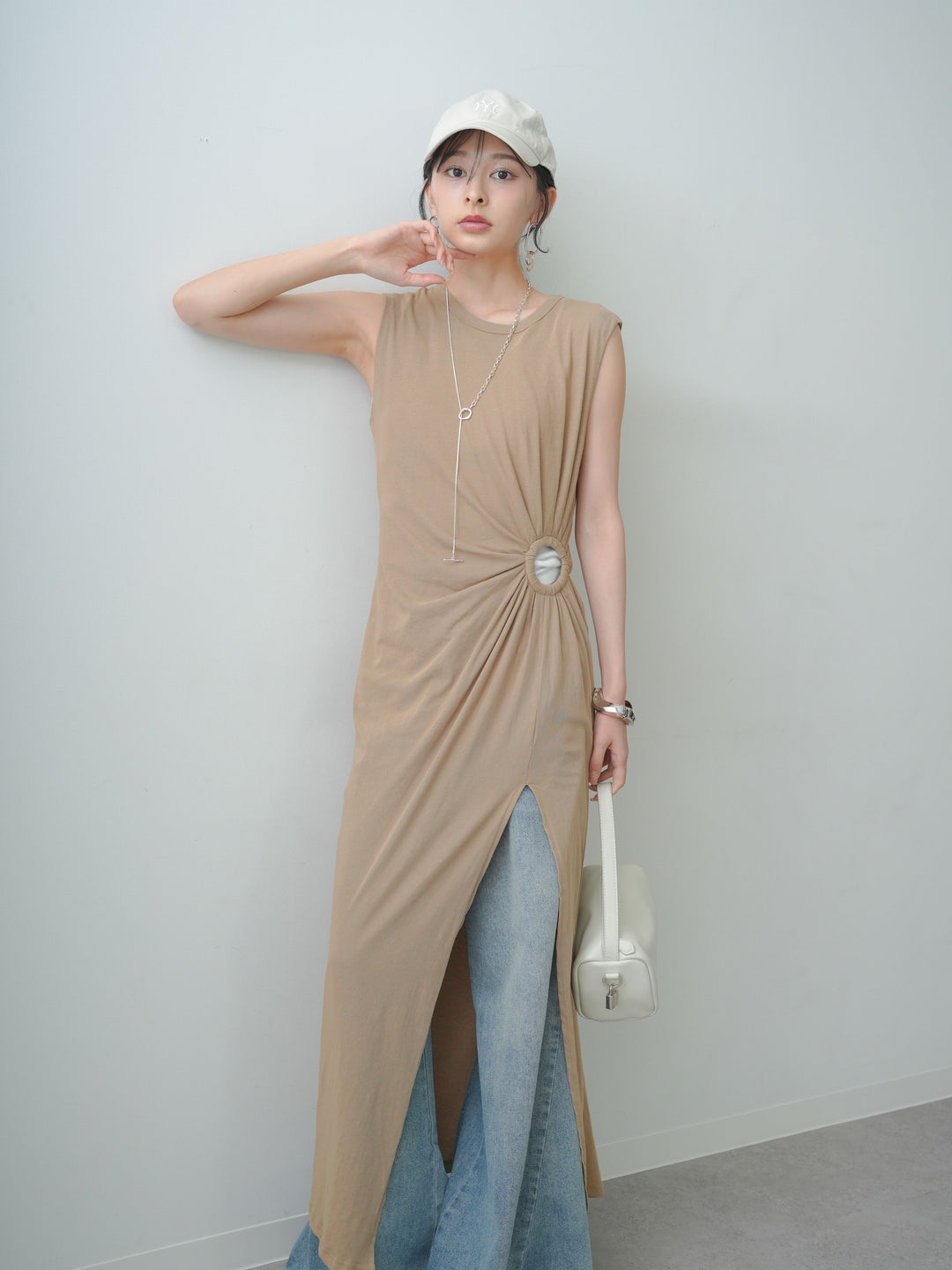 [予約]リングギャザースリットワンピース/brown