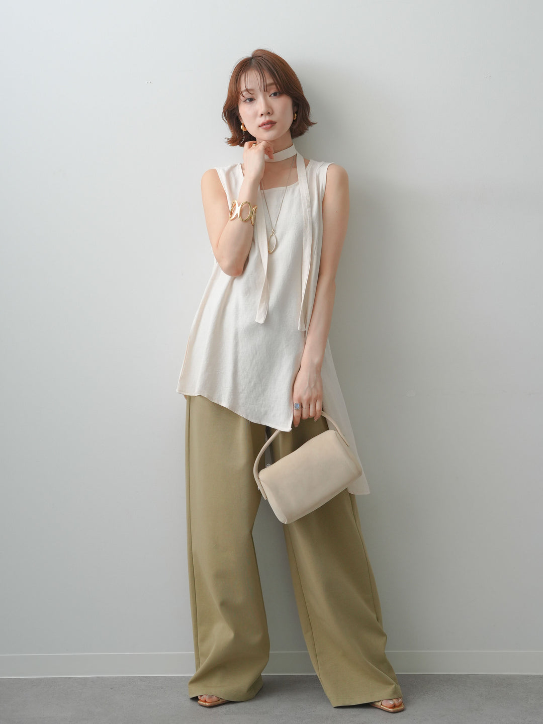 [SET]タイ付アシメヘムノースリトップス+リラックスドレープスウェットパンツ(2set)