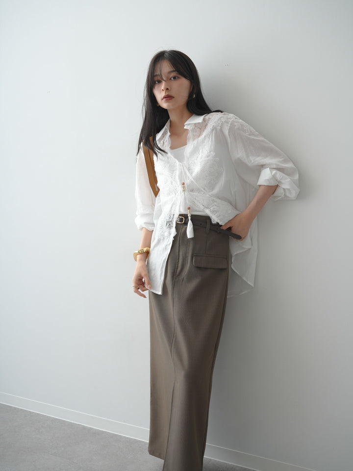 [SET]フロントレースリネンブラウス+カップ付きバッククロスキャミソール+クレープデシンフラップ付きストレートスカート(3set)