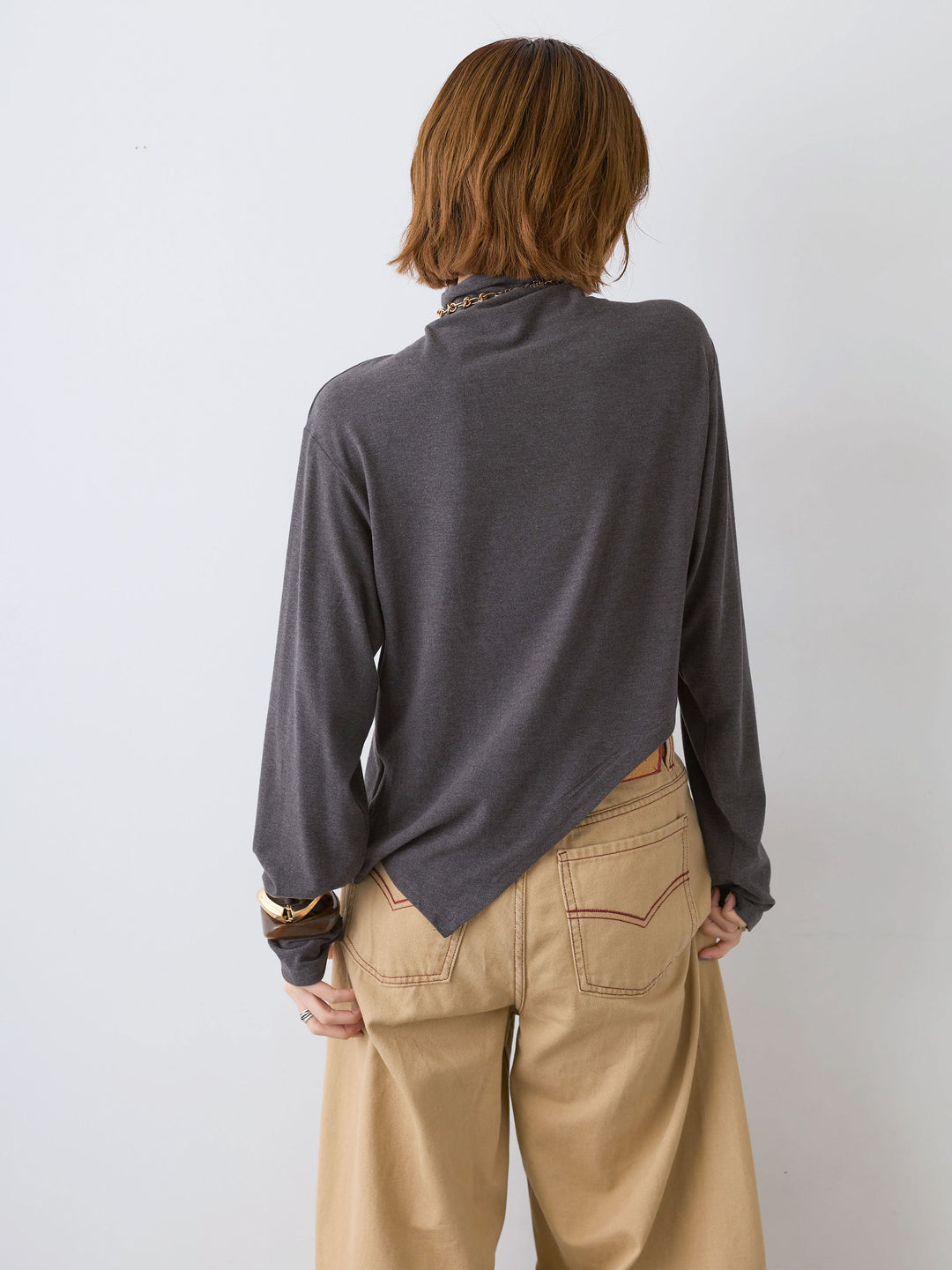 [SET]モックネックアシメヘムトップス+カラーステッチワイドパンツ(2set)
