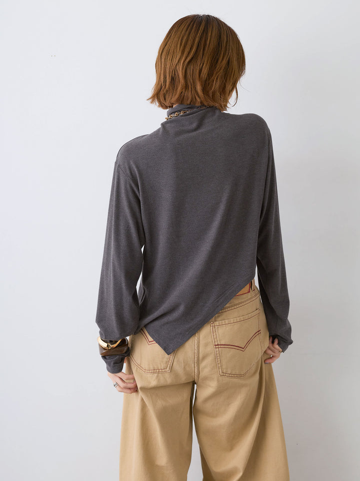 [SET]モックネックアシメヘムトップス+カラーステッチワイドパンツ(2set)