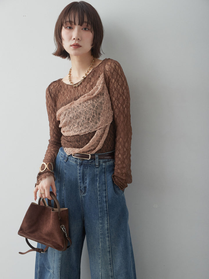 [SET]メッシュレースバイカラートップス+メッシュレースバイカラートップス(2set)