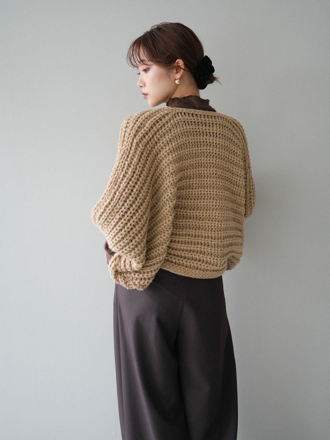 [SET]ローゲージ畦編みドルマンニットボレロ+起毛レースプチネックトップス+ベルトループデザインワイドパンツM(3set)