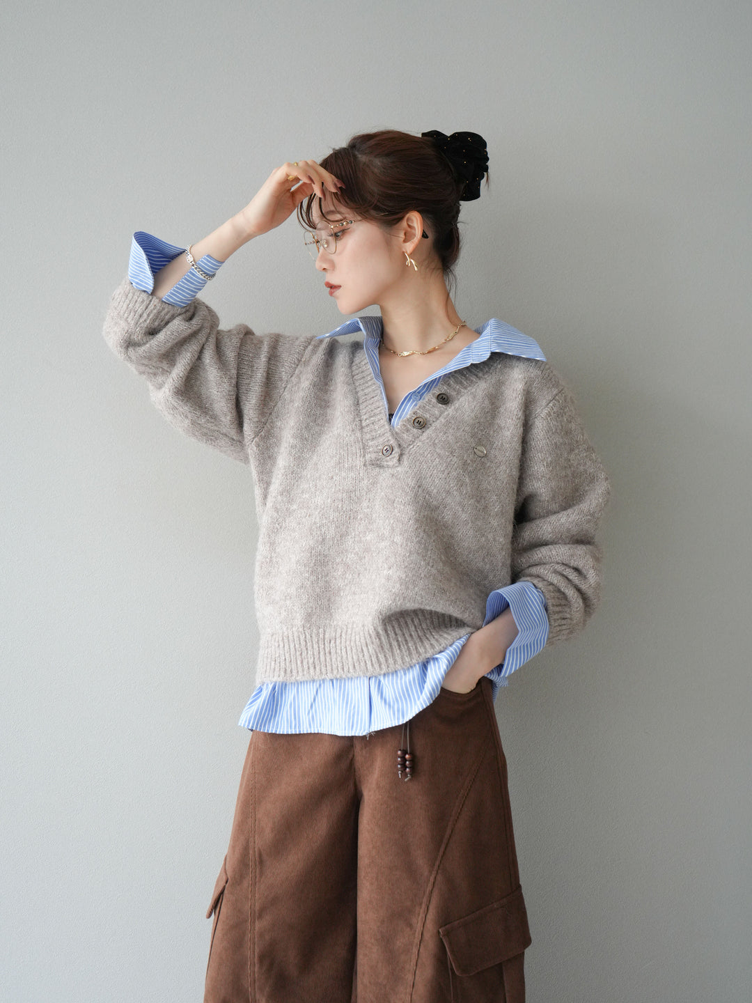 [予約]ストライプシャツドッキングMIXヤーンニットプルオーバー/beige