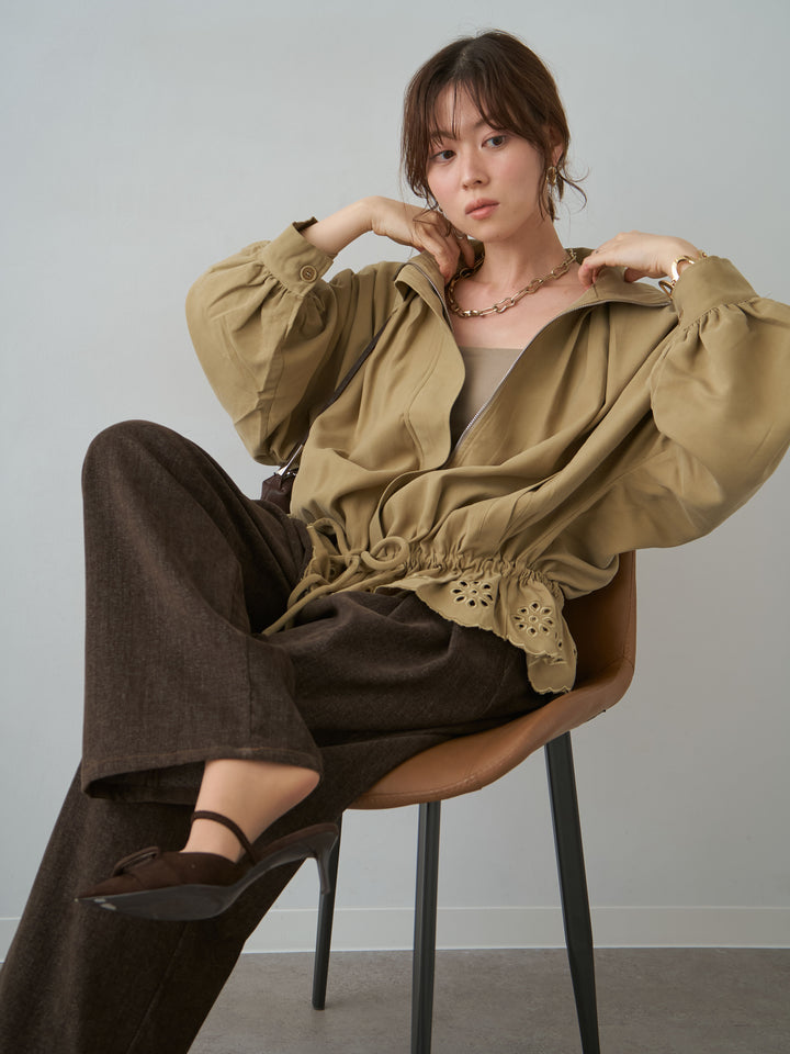 [SET]ヘムカットワークブルゾン+ベロアデニムタックワイドパンツ(2set)