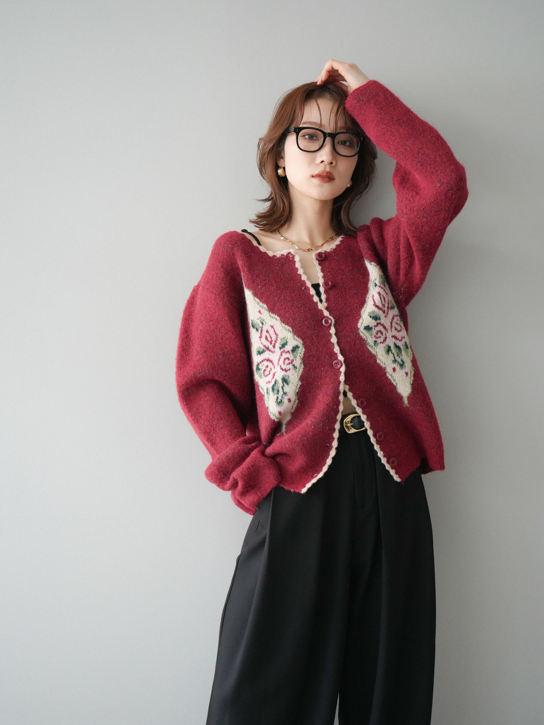 [予約]アンティークフラワージャガードニットカーディガン/red