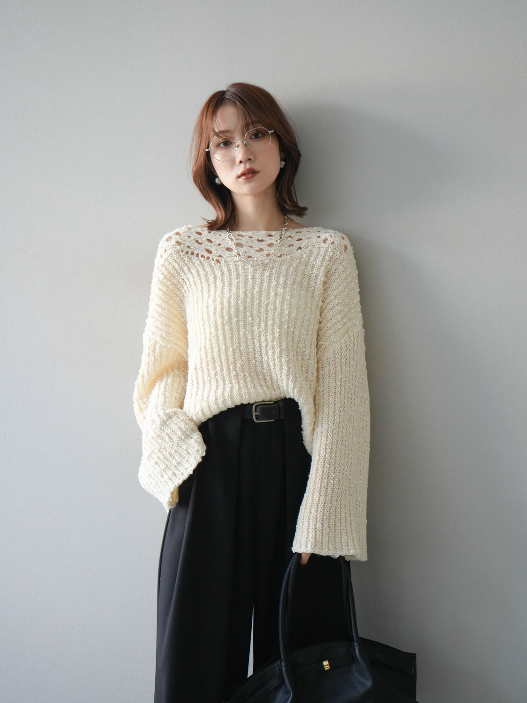 [予約]ボートネック透かし編みニットプルオーバー/white