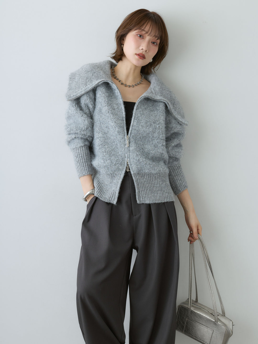 [SET]ビッグカラーシャギーニットブルゾン+ツイルタックワイドパンツ(2set)