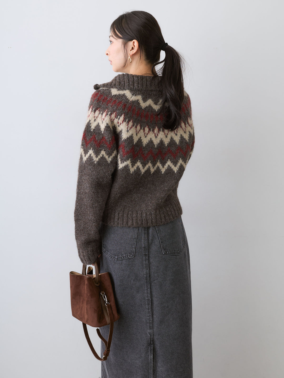 [予約]ノルディックハーフジップニットトップス/brown