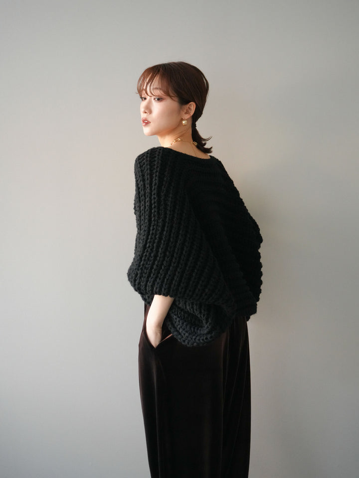 [予約]ローゲージ畦編みドルマンニットボレロ/black
