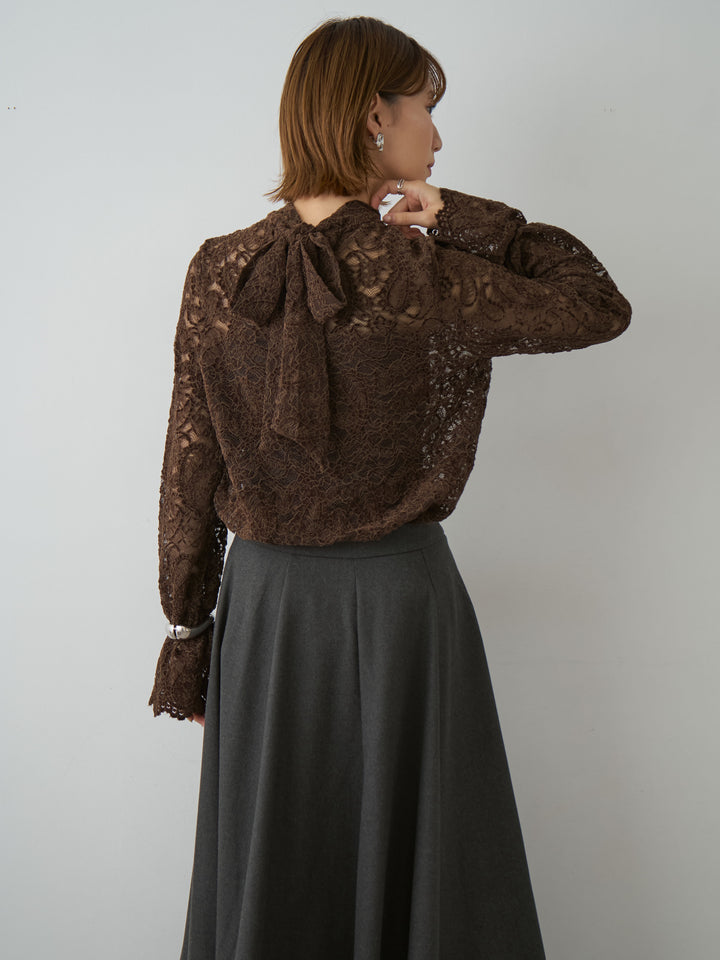 [予約]ベロアレースバックリボンブラウス/brown