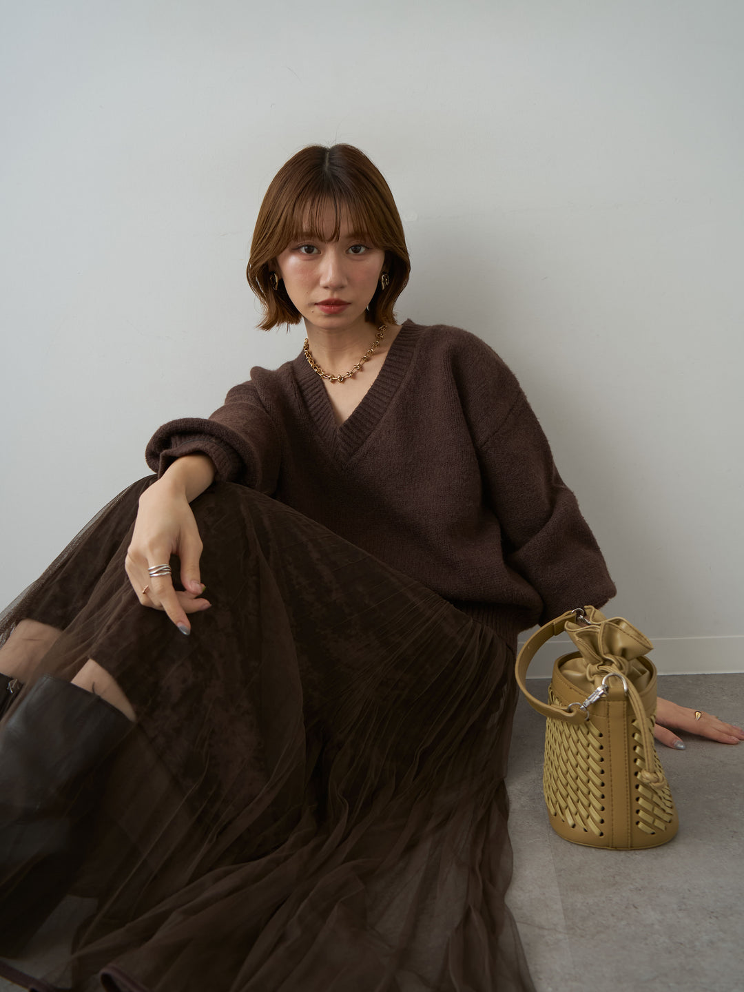 [予約]Vネックワイドショートニット/brown