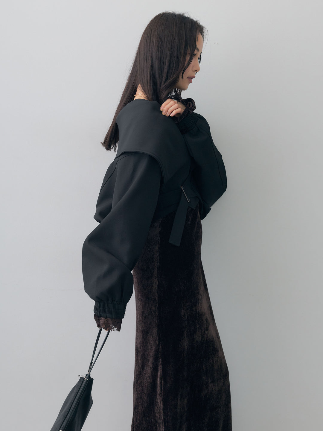 [予約]ベロアレースドッキングオフショルワンピース/brown