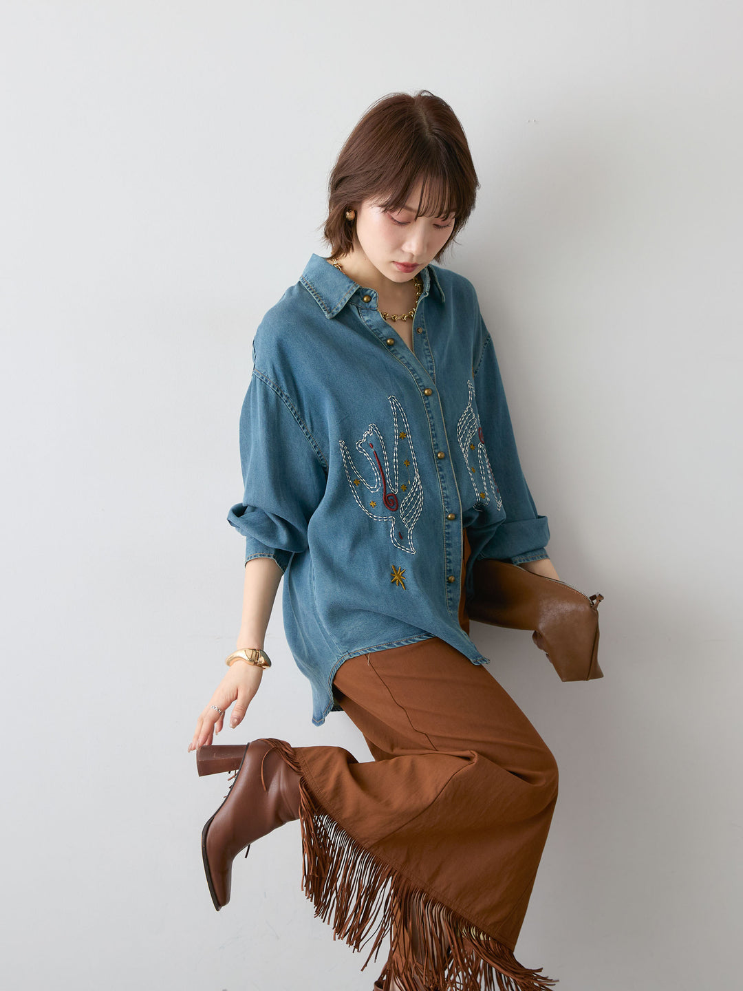 [予約]モチーフ刺繍デニムシャツ/blue