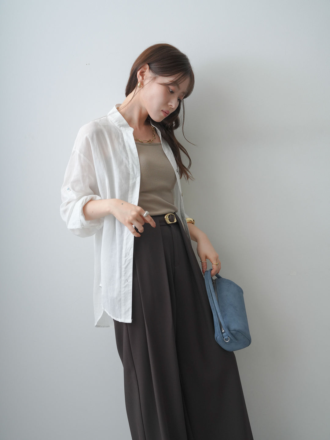 [SET]バックレースノーカラーシャツ+カップ付きバッククロスキャミソール(2set)